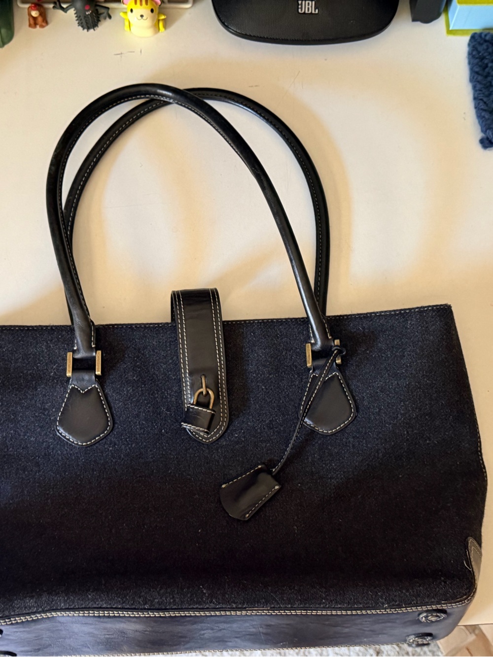 J. Crew Black Felt Tote with Leather Trim and Gold Accent
